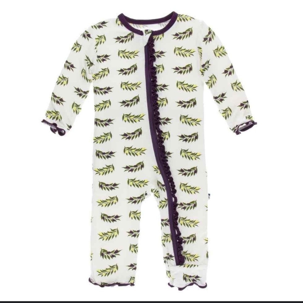 Kickee Pants Bamboo Ruffle Coverall with Zipper Natural Olive Branch 9-12 months